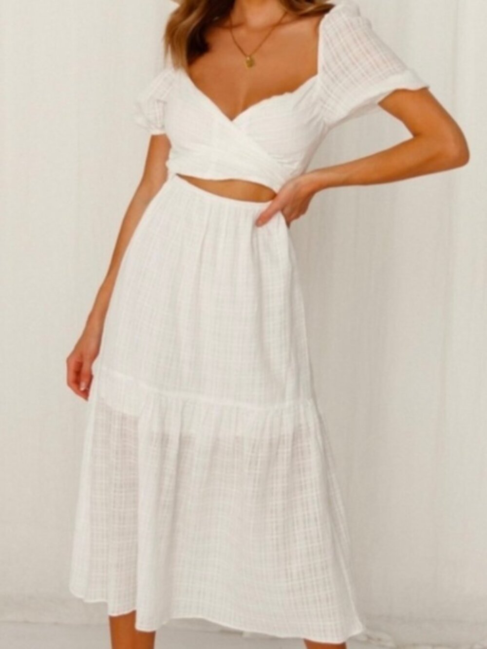 Hello Molly Do This My Way Midi Dress -  M - White Tiered Puff Sleeve